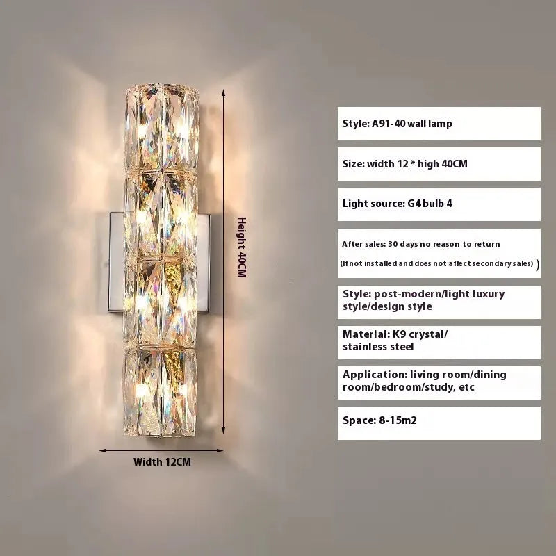 Crystal wall lamp with stainless steel frame in gold or chrome finish, mounted on a wall.