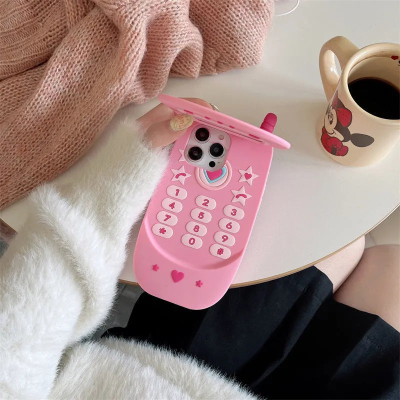 Light pink silicone flip phone shape mirror case for iPhone with anti-fall protection