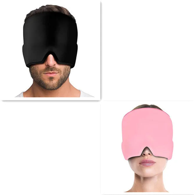 Black elastic cloth gel cold therapy eye mask for headache relief on grey background.