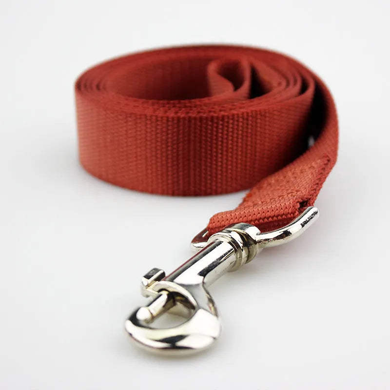 Solid colour nylon dog rope leash showing four width options and multiple colour choices for pet control