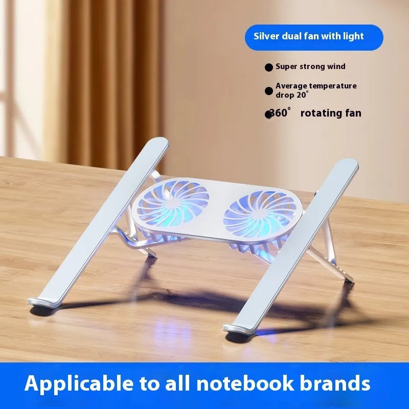 Aluminium alloy laptop cooling stand with dual fans and adjustable height mechanism, shown in silver colour