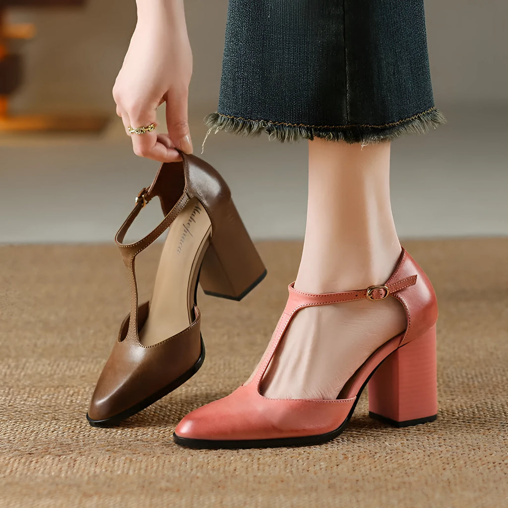 Retro pointed-toe women's Mary Jane shoes with a hollow design and buckle strap in pink or dark brown.