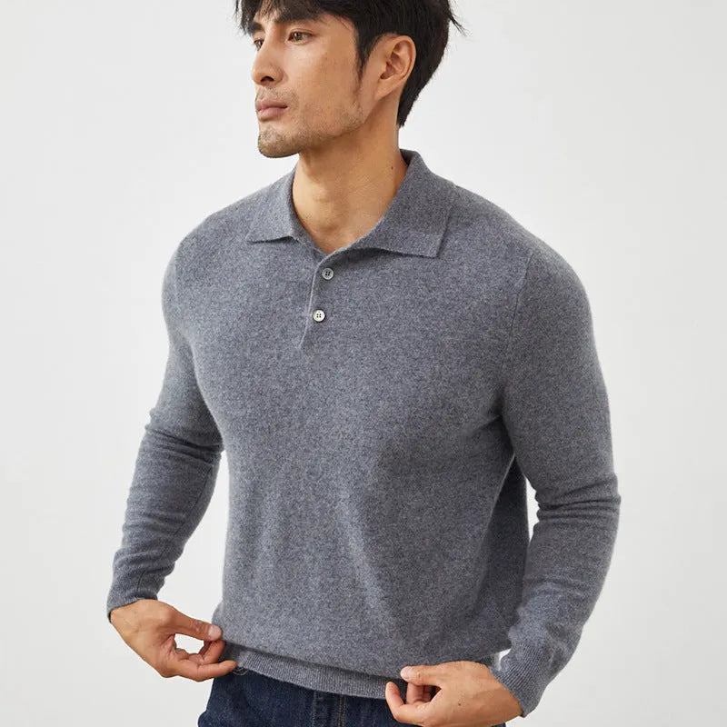 Man wearing a sapphire blue cashmere polo collar loose-fit pullover sweater