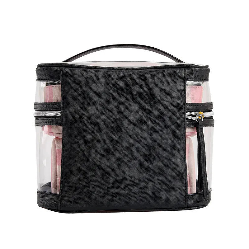 Pink bold stripes flower pattern synthetic leather waterproof folding makeup bag