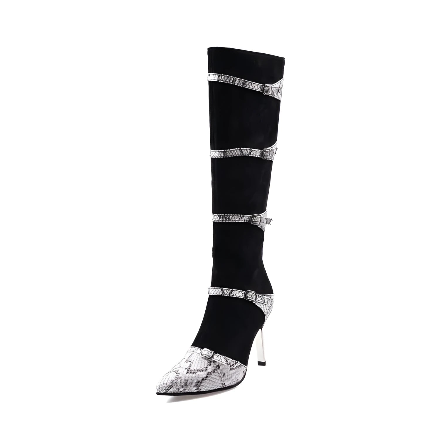 Grey women's knee-high boots with a thin high heel on a rubber sole.