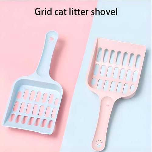 Blue plastic cat litter scoop for cleaning litter trays, 20cm long.