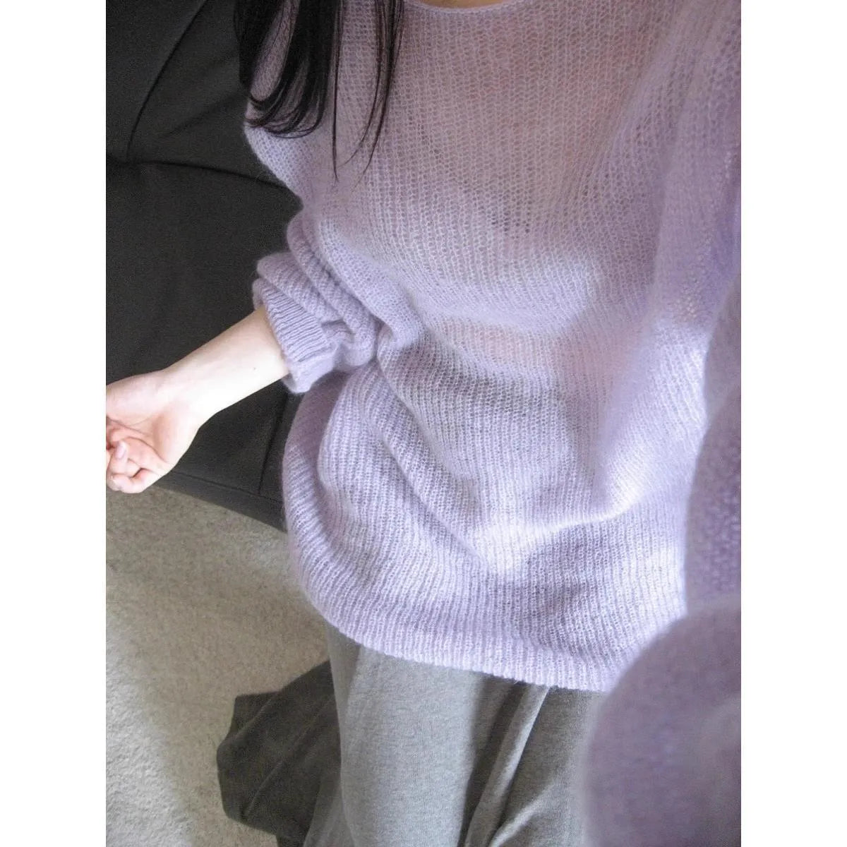 Purple women's loose hollow out blouse with princess sleeves, made from ice silk fabric.