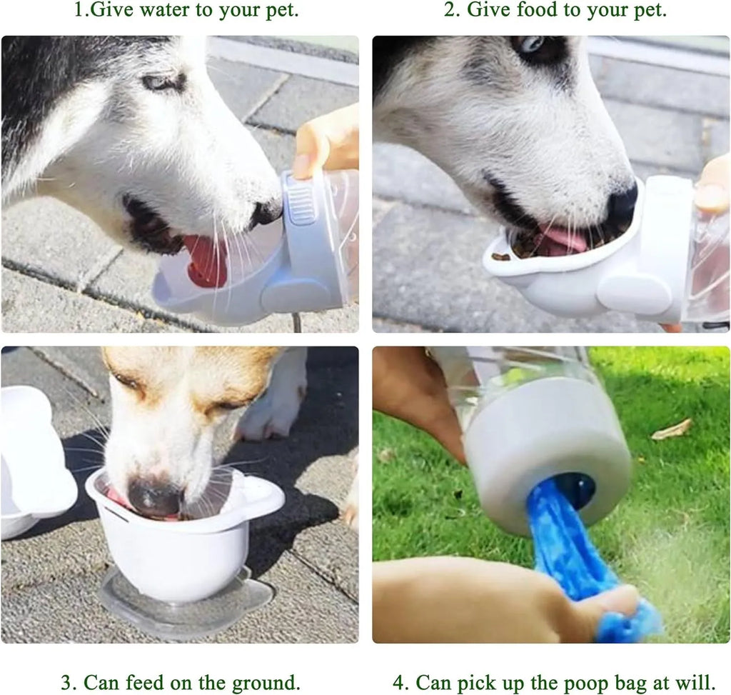 Green 3-in-1 portable pet water bottle with food container and waste bag dispenser, held by its hand strap.