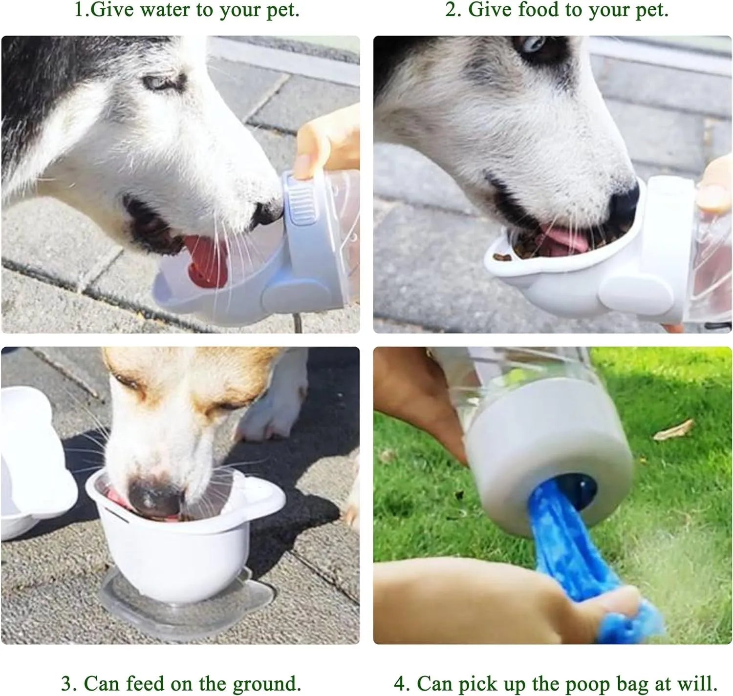 Green 3-in-1 portable pet water bottle with food container and waste bag dispenser, held by its hand strap.