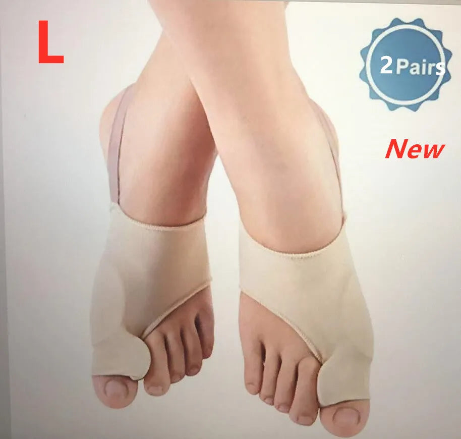 Corrective toe socks with silicone gel bunion pad and toe separator on a foot.