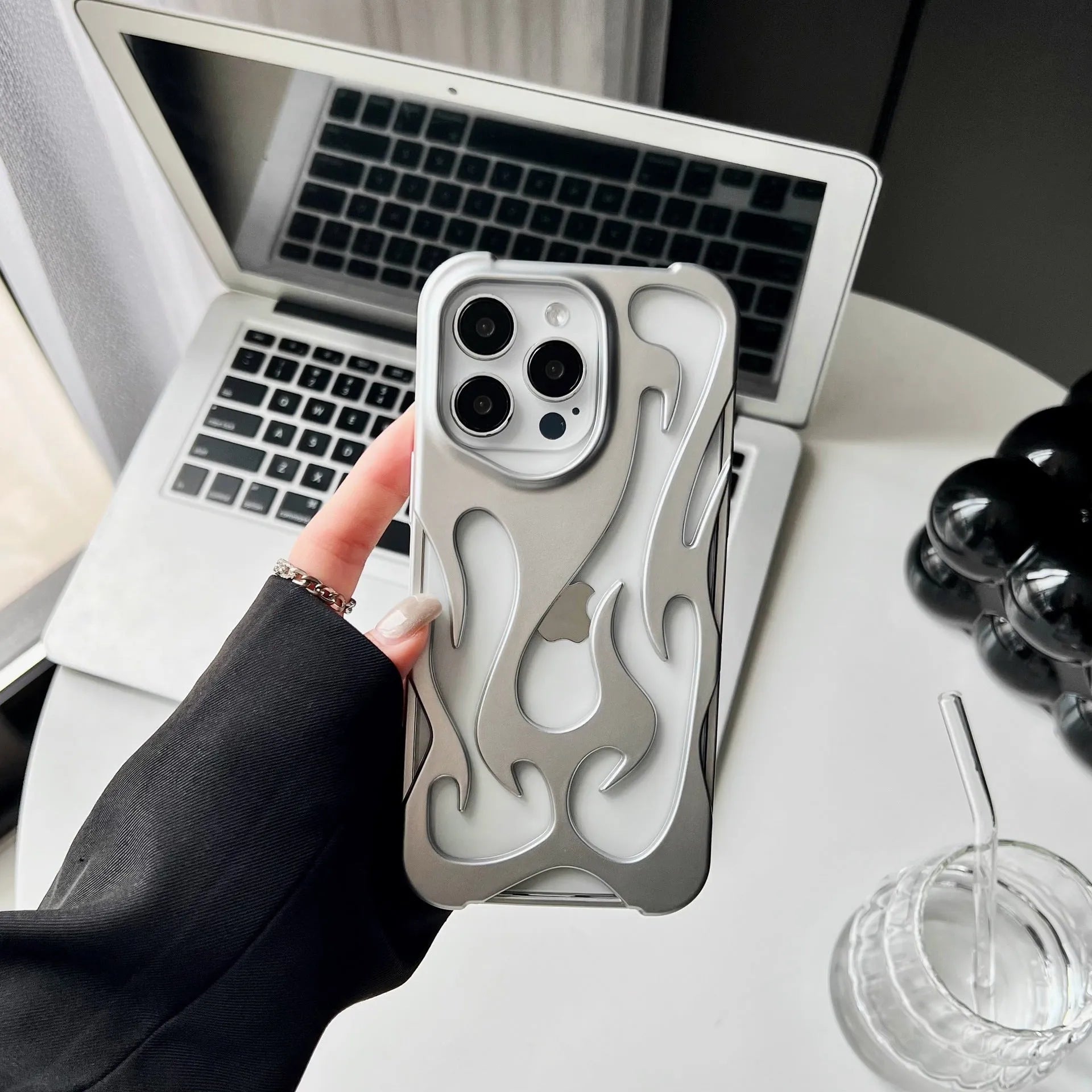 Electroplated hollow flame pattern phone case for Apple iPhone with metallic finish and heat dissipation design