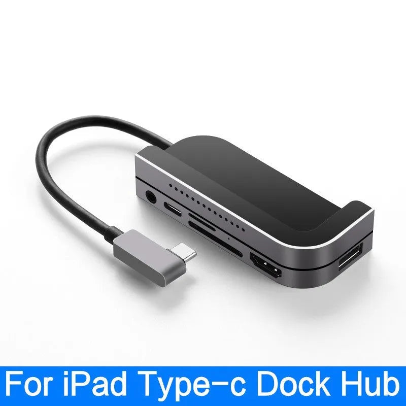 Silver aluminium grey USB-C docking station for iPad Pro with HDMI port and card readers