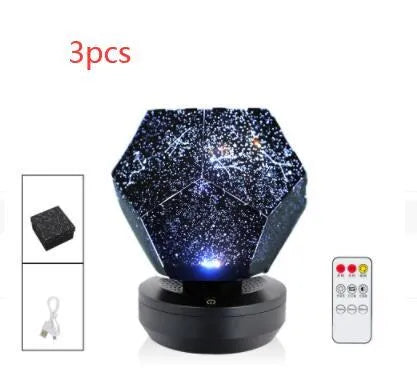 LED star projector night light showing constellation projection on a bedroom ceiling