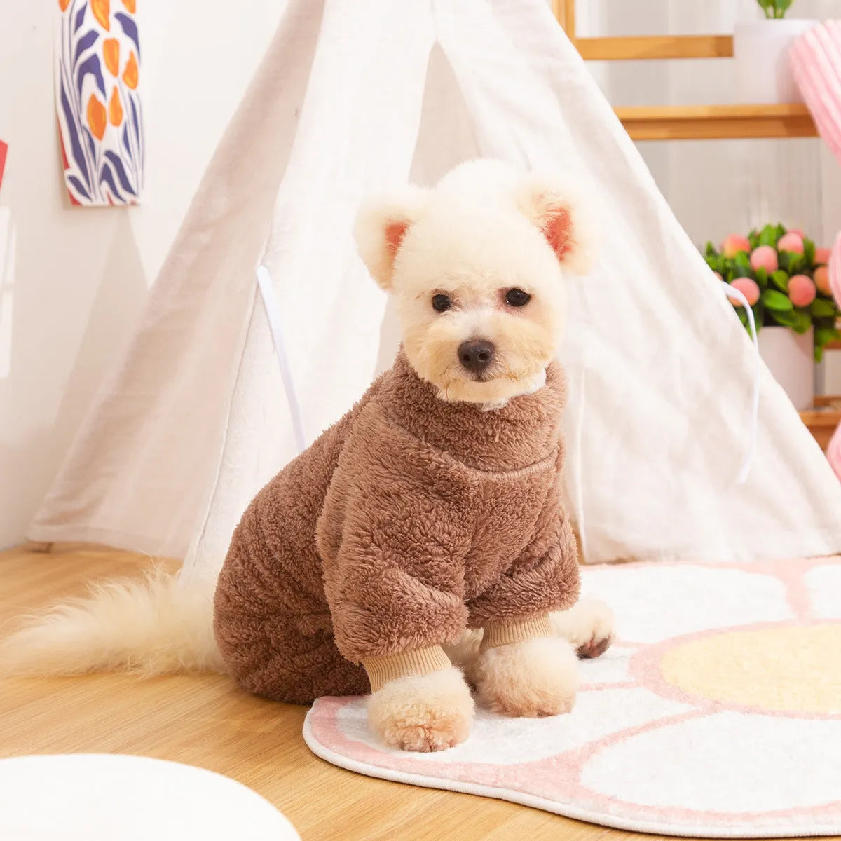 Double-sided thick plush dog clothes with four-legged design, high collar and towing ring in khaki colour