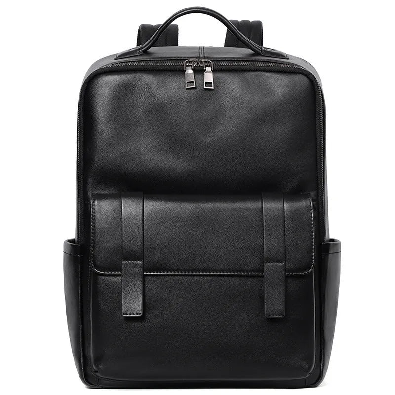 Men's large capacity leather computer backpack in black with woven detailing
