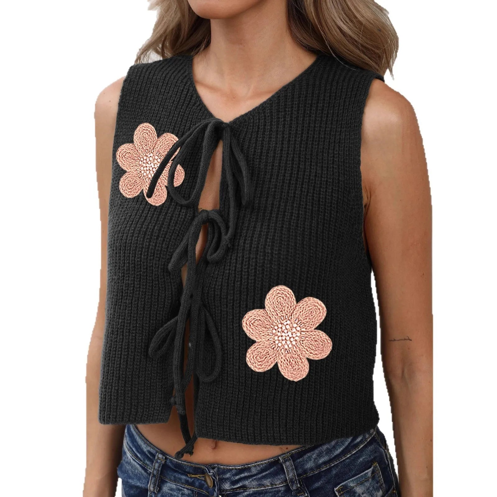 White ladies' sleeveless cardigan vest with lace-up bow, adjustable straps, and apricot flower pattern on deer plush fabric.