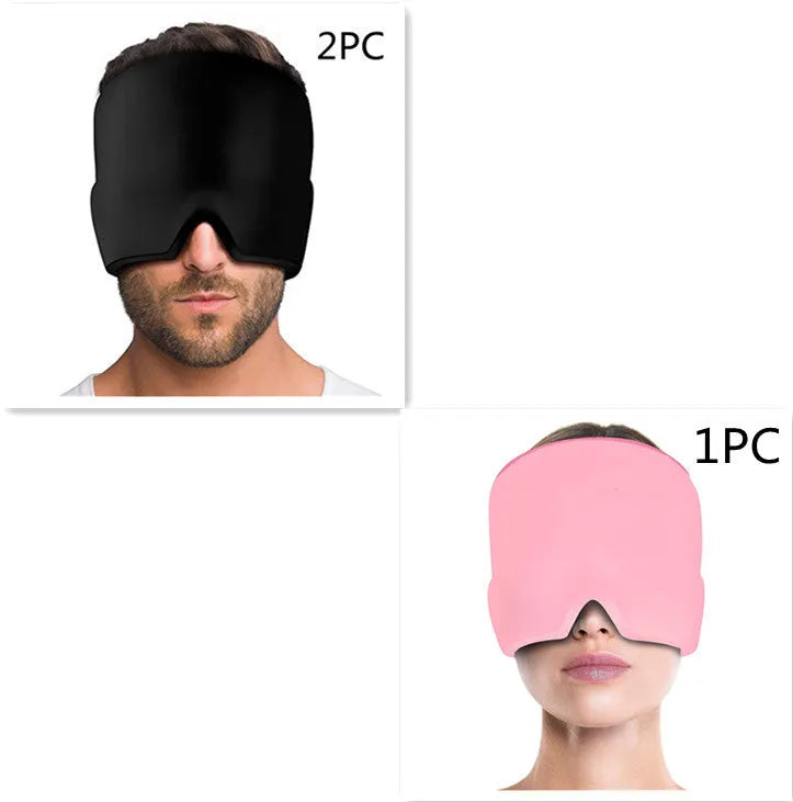 Black elastic cloth gel cold therapy eye mask for headache relief on grey background.
