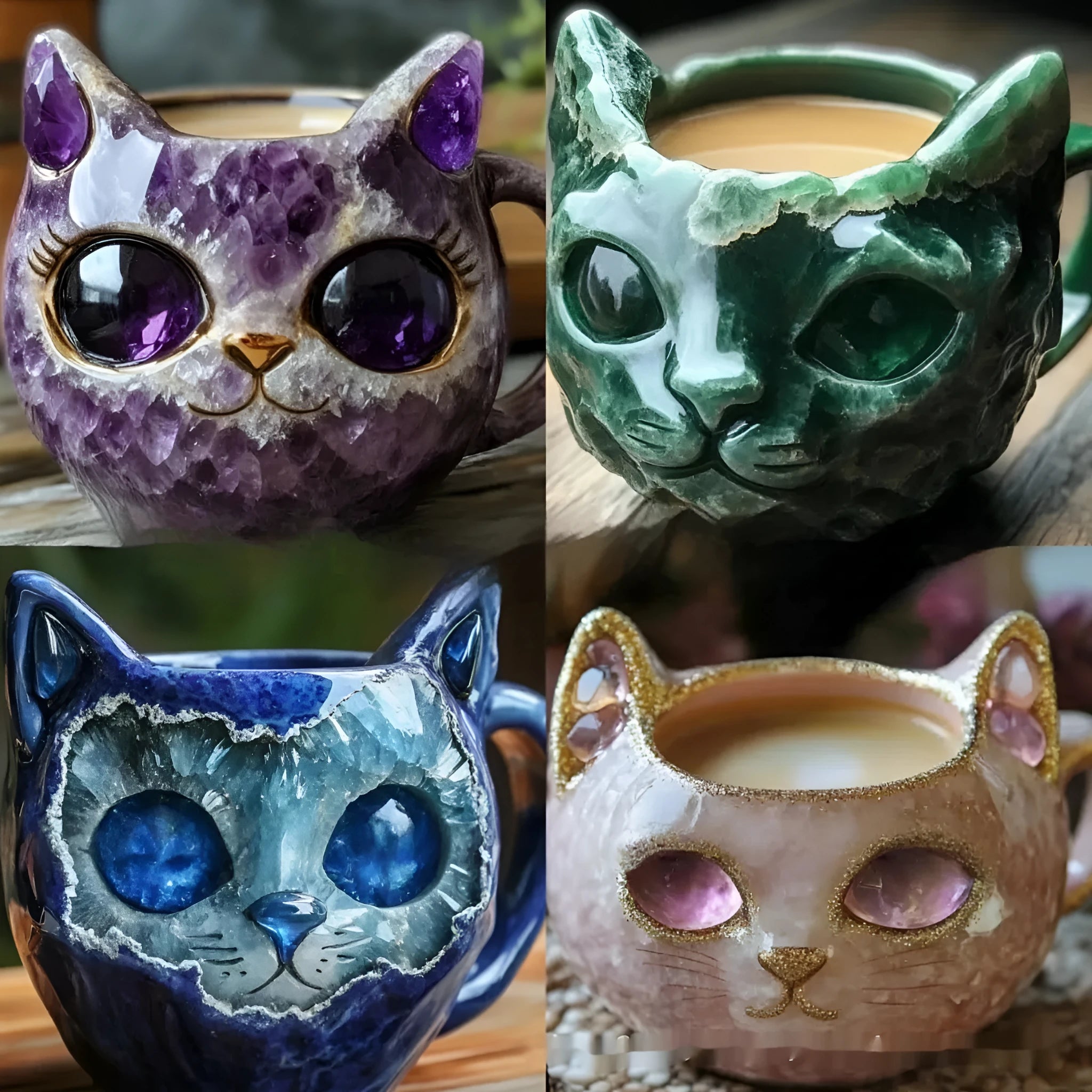 Purple geode crystal and cat decorative resin mug on a shelf.