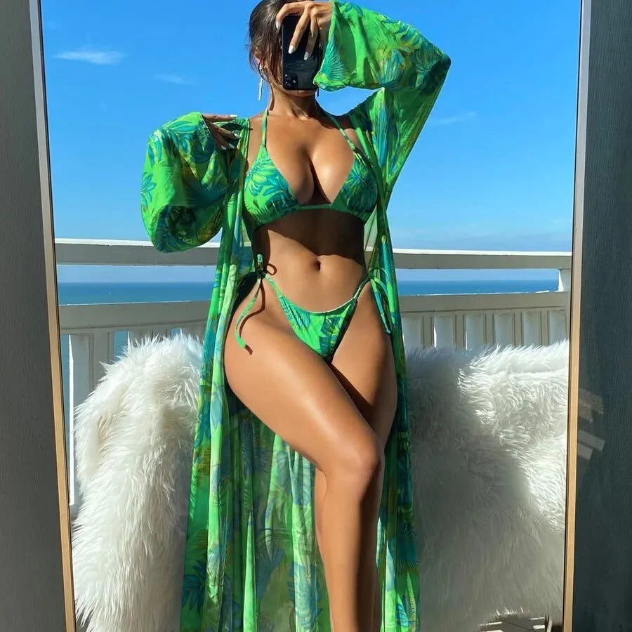 Women's sleeved bikini swimsuit set with matching robe in floral and solid colour options