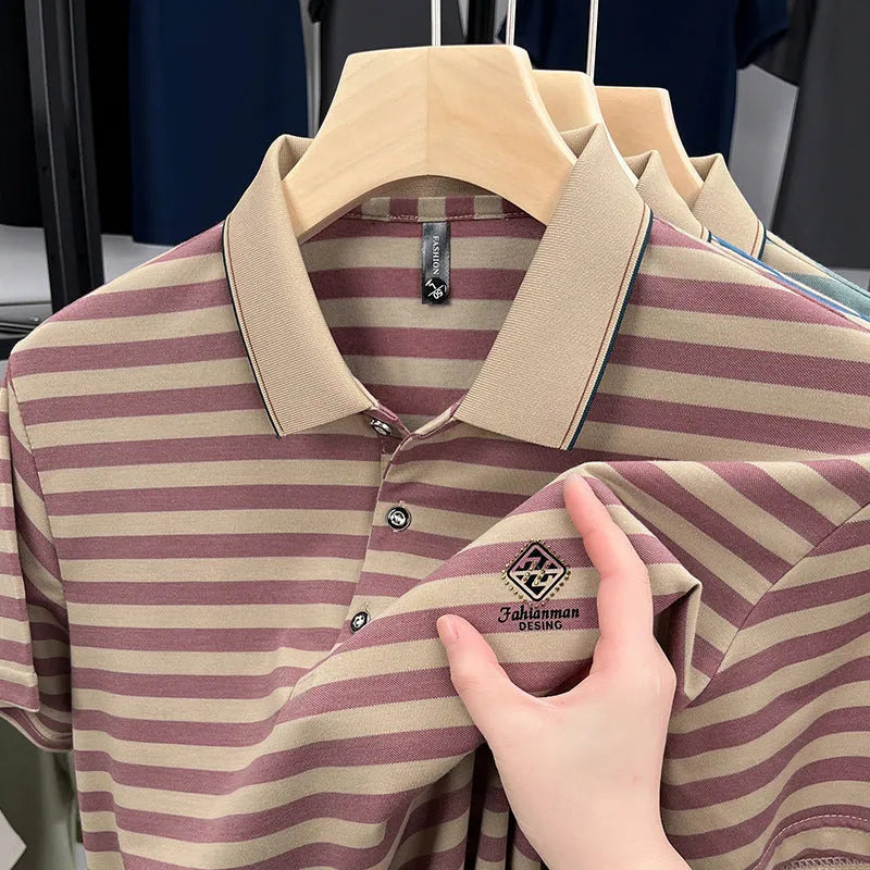 Men's striped mosaic pattern short sleeve casual t-shirt in red, blue, or green colour.