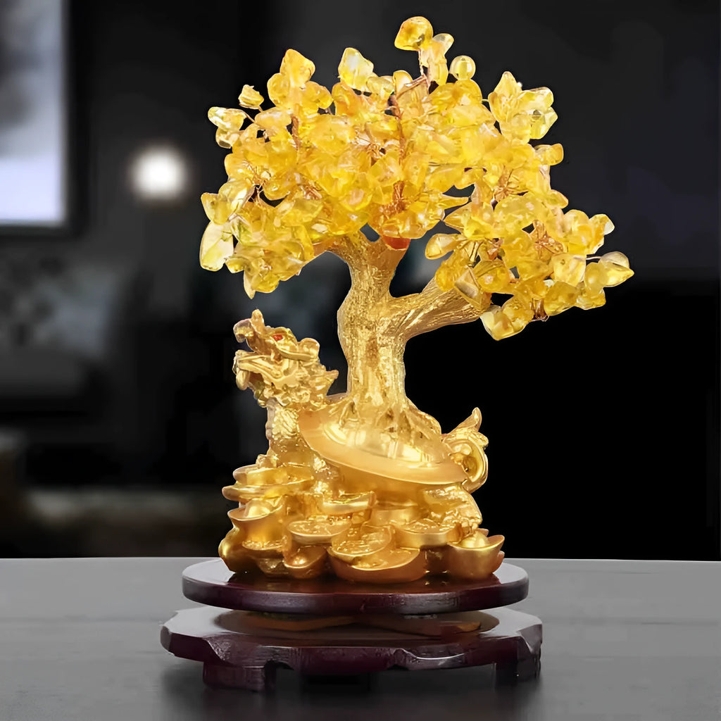 Golden citrine resin Feng Shui ornament of a money tree with a small water turtle