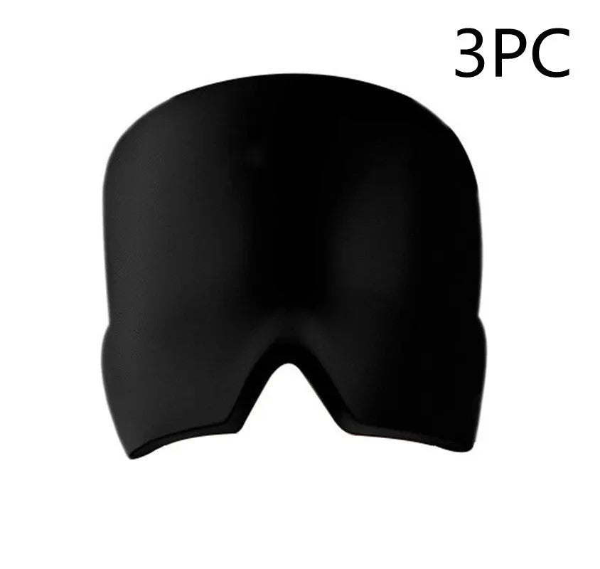 Black elastic cloth gel cold therapy eye mask for headache relief on grey background.