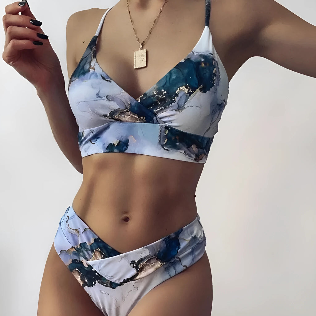 Women's marble tie-dye high-waist bikini set with U-neck top for swimming sports