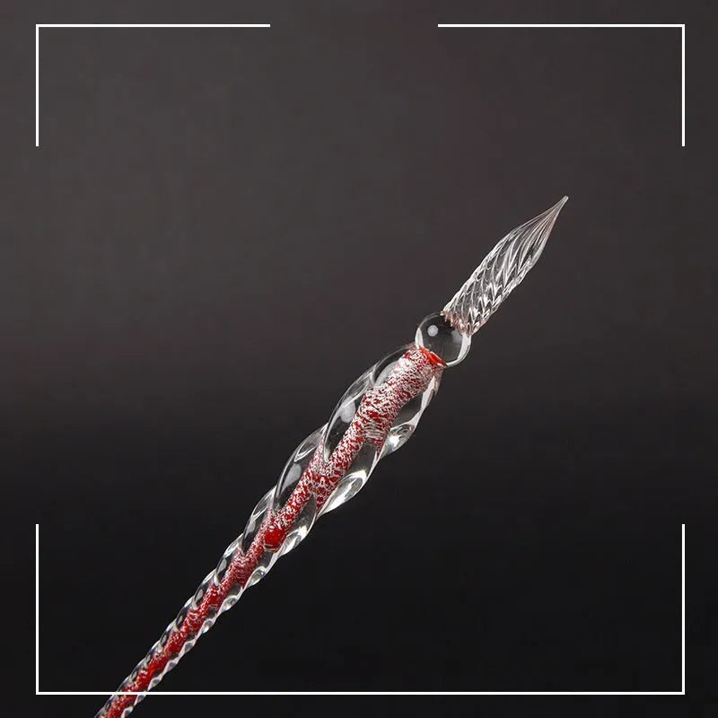 Transparent coloured glass crystal pen with water art ink in gift box, shown in multiple colour options.