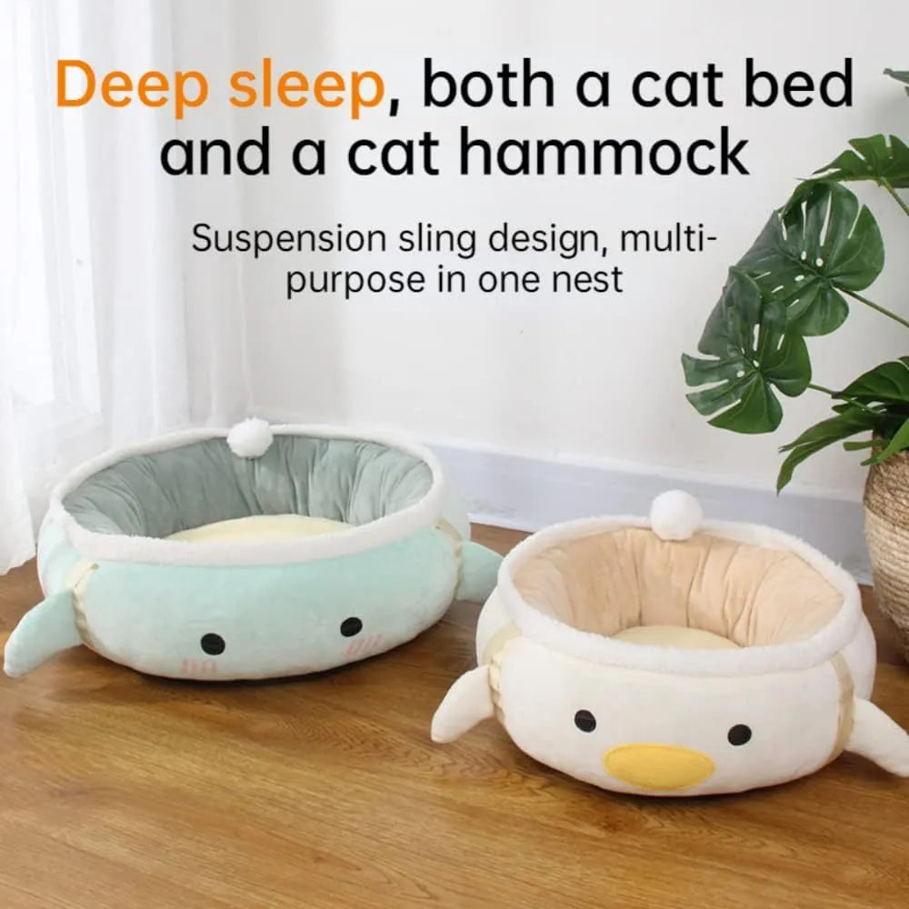 Green chick-shaped cat bed shown both flat and hanging as a hammock for small pets.