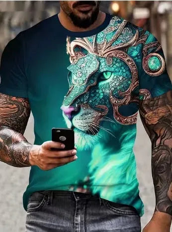Men's black t-shirt with a detailed 3D fierce lion print on the front