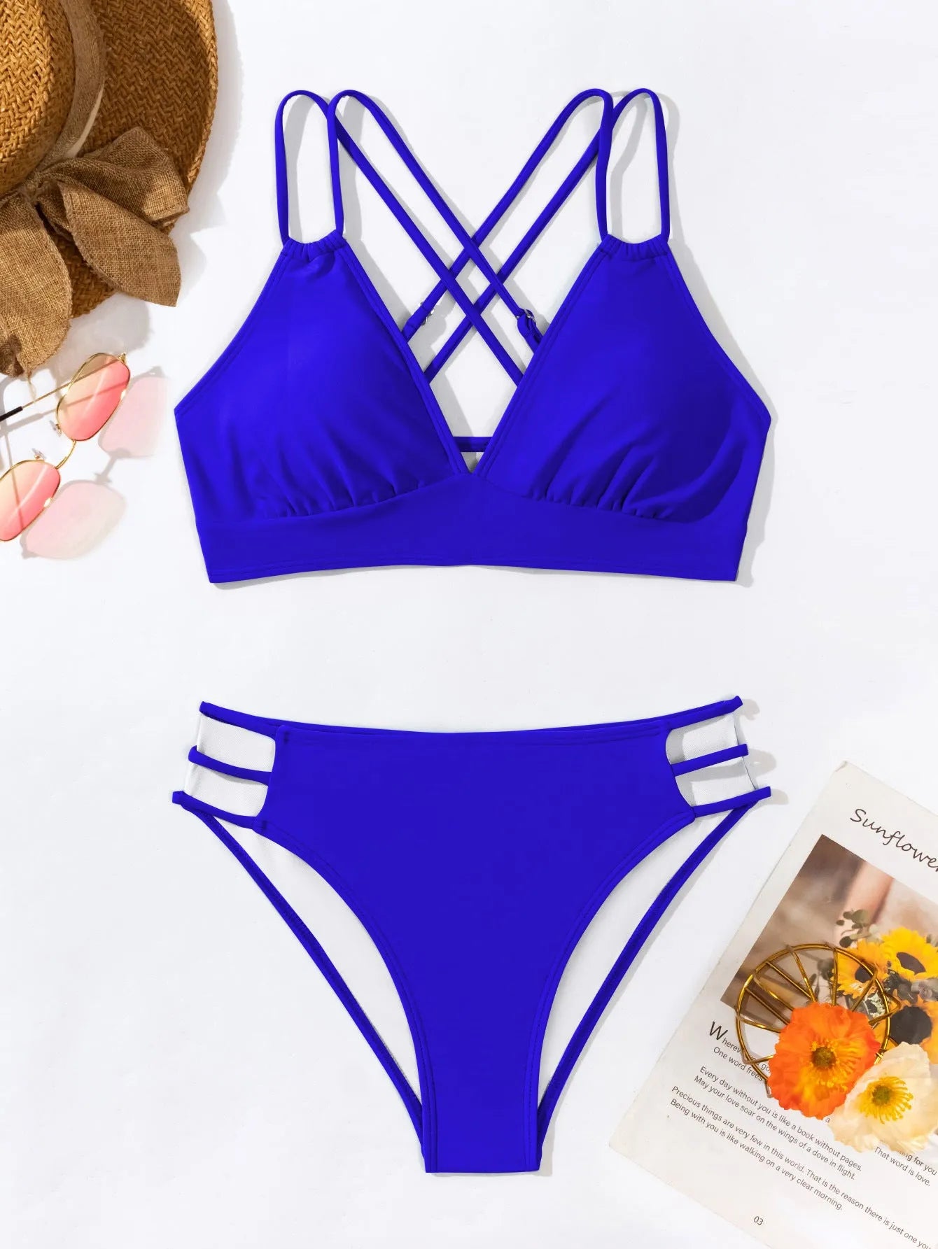 Women's V-neck halter bikini swimsuit in nylon fabric on mannequin