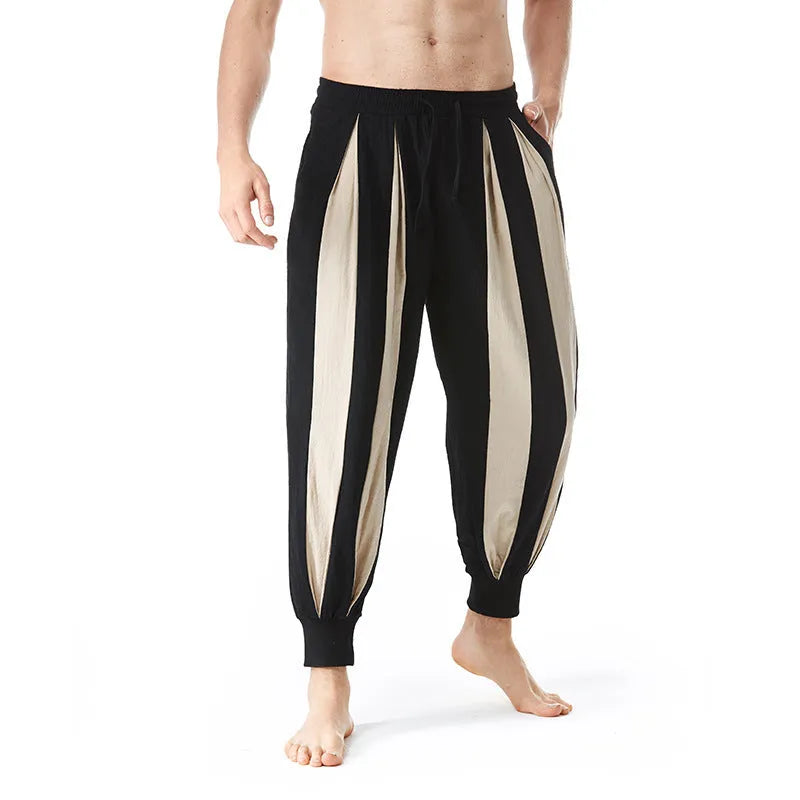 Men's straight leg casual trousers in red, khaki, yellow, or brown, made from polyester fabric.