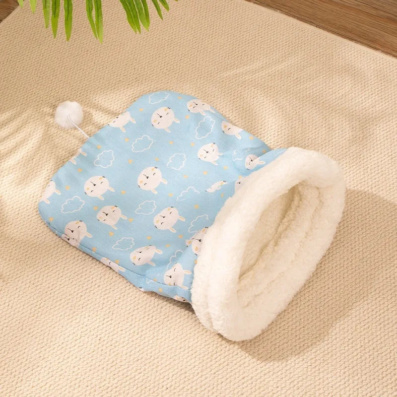 Blue rabbit pattern cat sleeping bag nest measuring 50x40cm with removable flannel bedding
