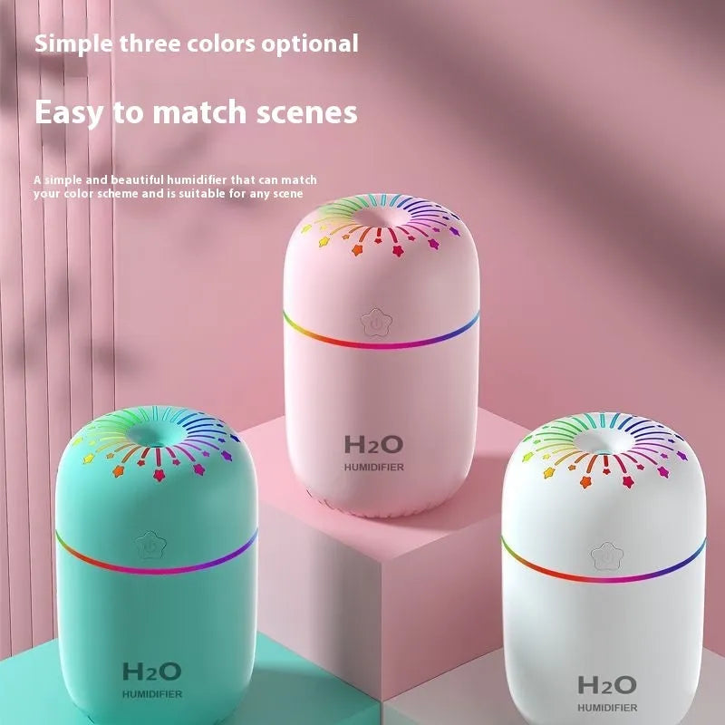 White pink or green mini USB humidifier with 300ml tank measuring 75x75x116mm