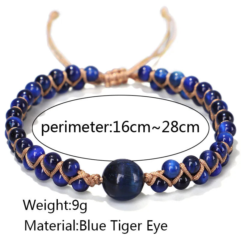 Handmade woven geometric bracelet with a blue Tigereye stone bead and pull design.