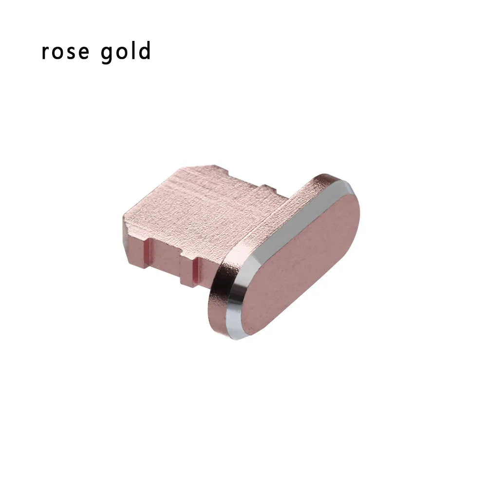 Aluminium alloy charging port dust plug for iPhone in various colours including gold, silver, blue, and rose gold.