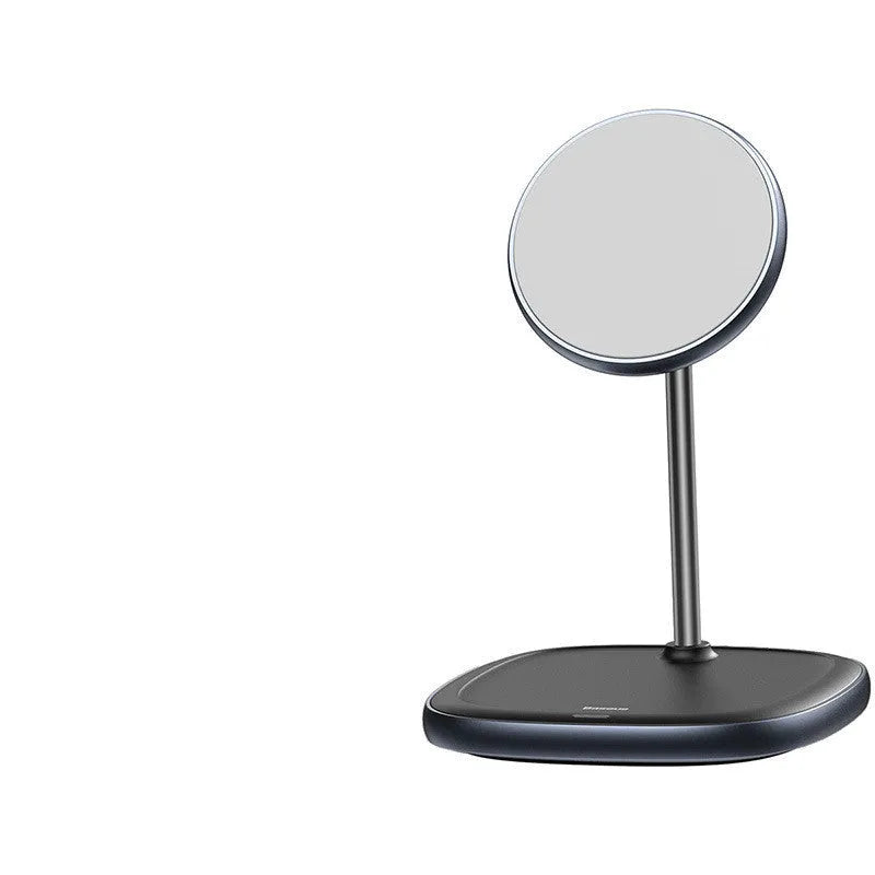 Black Swan magnetic desktop wireless charging stand for Apple iPhone 12 with included Type-C cable.