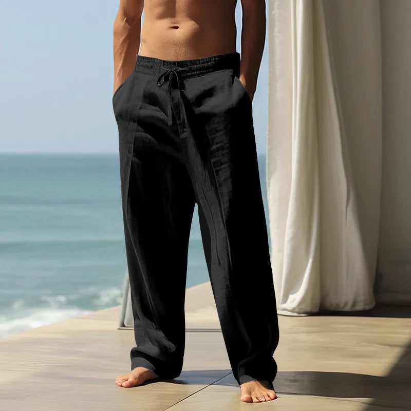Men's loose-fit straight-leg cotton casual trousers in khaki colour