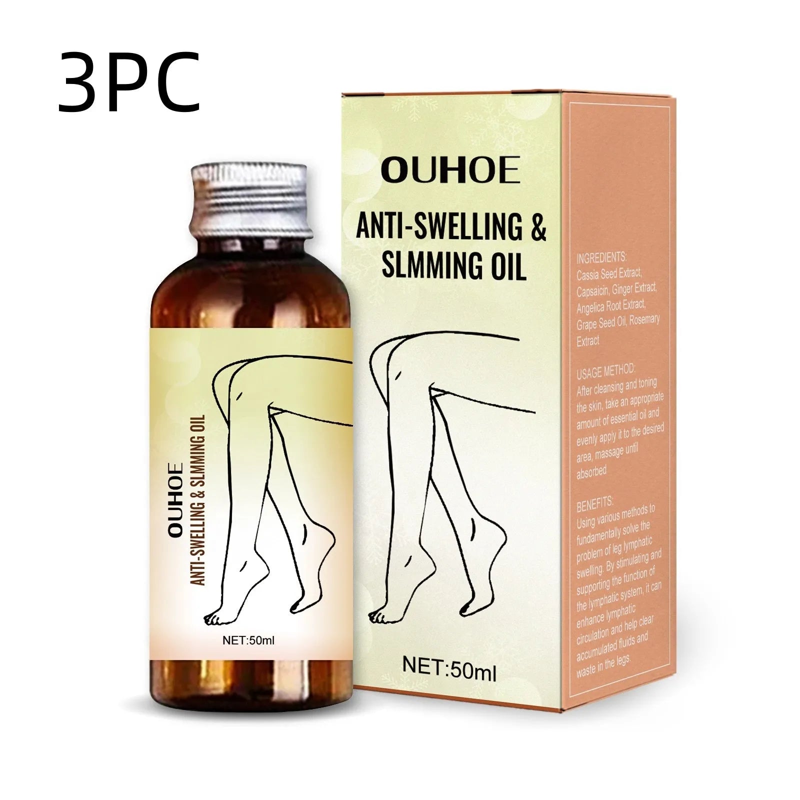 50ml bottle of botanical essential oil for body skin moisturising and leg massage.