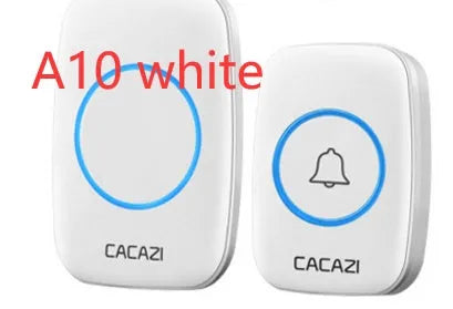 Wireless doorbell receiver plugged into a wall socket next to a battery-powered transmitter unit.