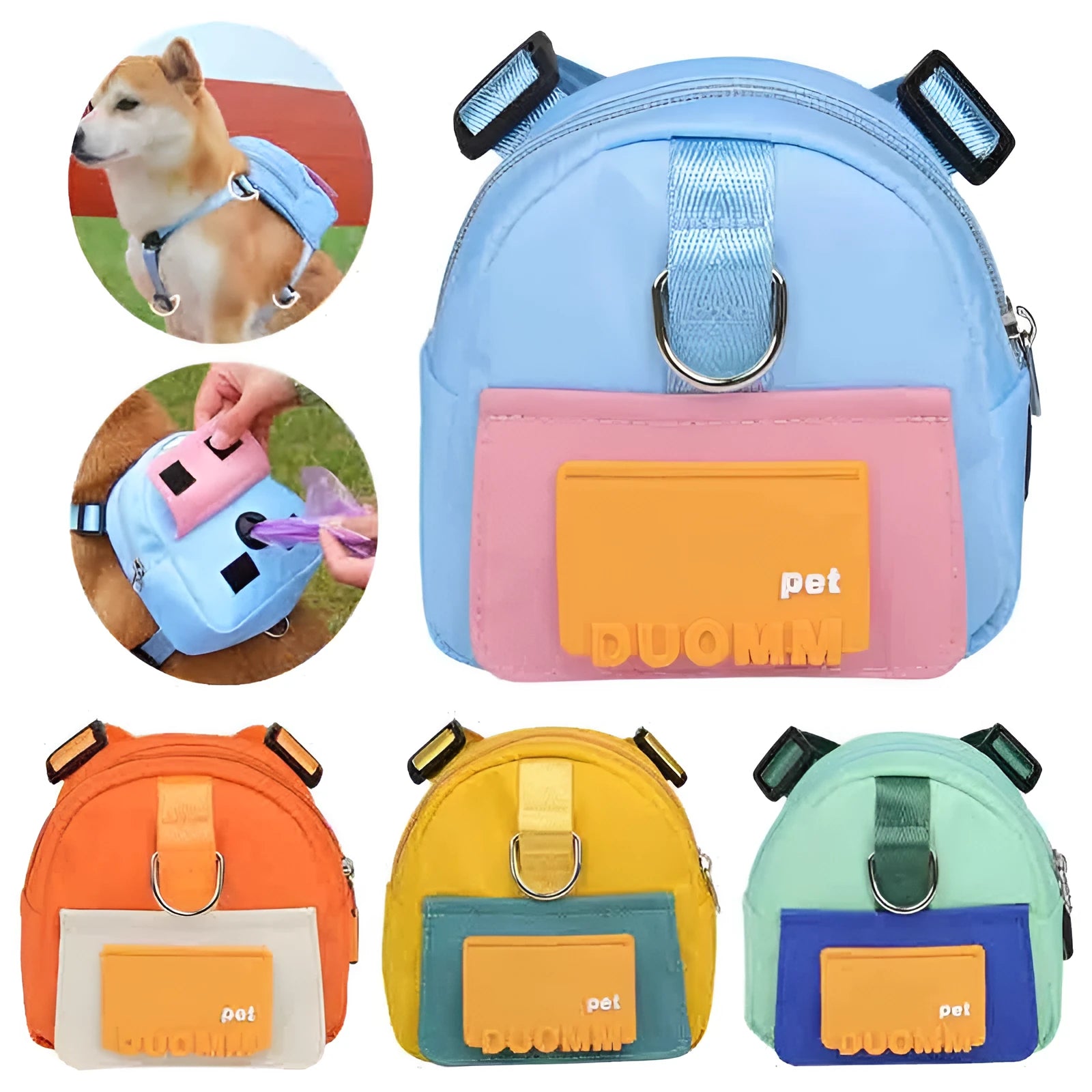 Blue adjustable dog harness backpack with storage compartment and tow rope shown on a medium-sized dog.