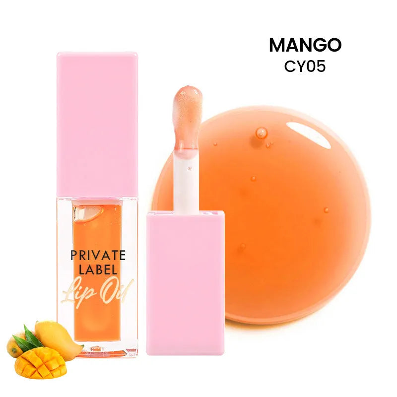 Six transparent lip gloss tubes in fruity flavours: bird of paradise, cherry, coral, mango, strawberry, watermelon