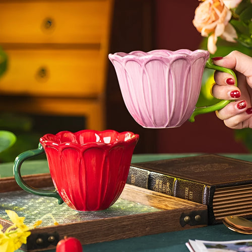 500ml pastoral pattern ceramic breakfast cup in red and purple colour options