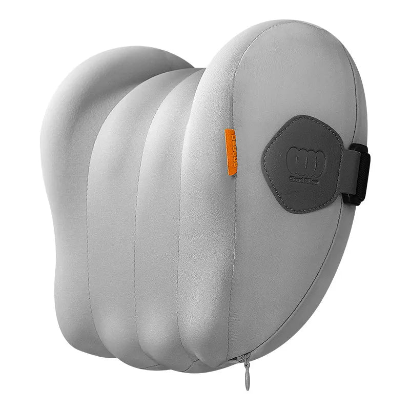 Grey and orange memory foam car head restraint and lumbar pillow set for suspension bins.