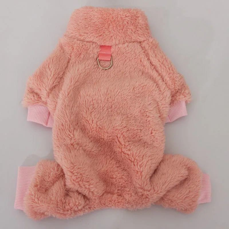 Double-sided thick plush dog clothes with four-legged design, high collar and towing ring in khaki colour