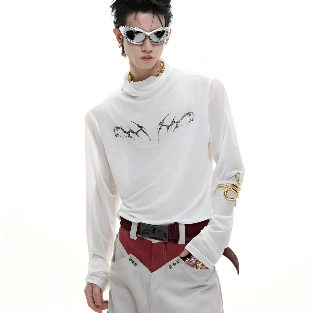 Man's black slim-fit long sleeve mesh shirt for gym wear and training.