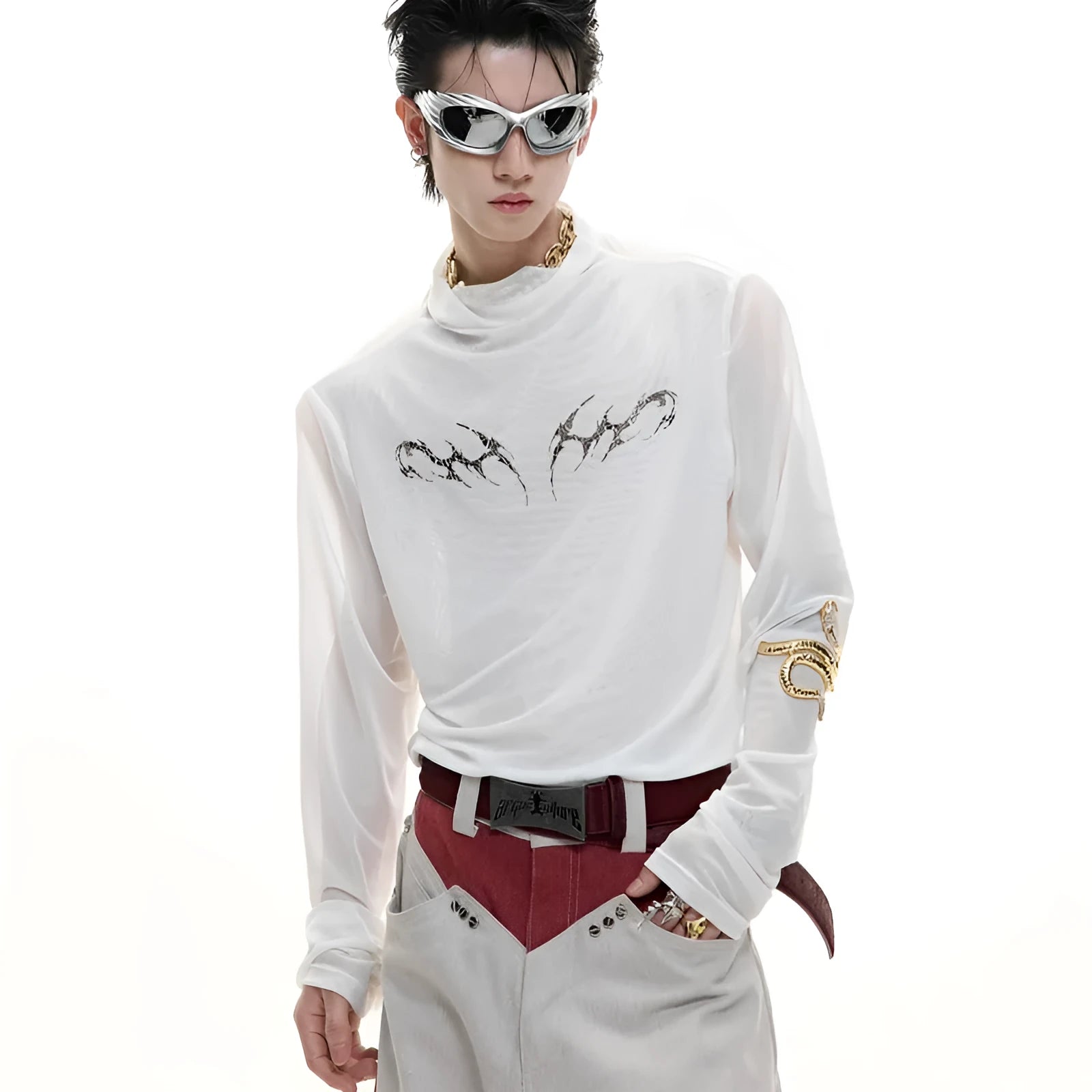 Man's black slim-fit long sleeve mesh shirt for gym wear and training.