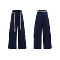Men's straight-leg cotton trousers in dark colours with placket zipper and decorative pocket details