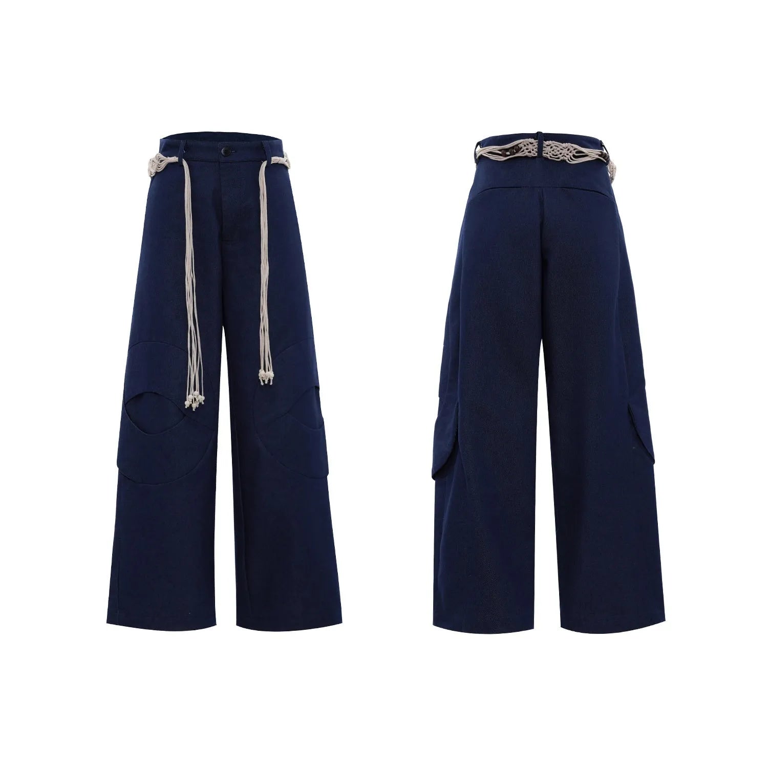 Men's straight-leg cotton trousers in dark colours with placket zipper and decorative pocket details