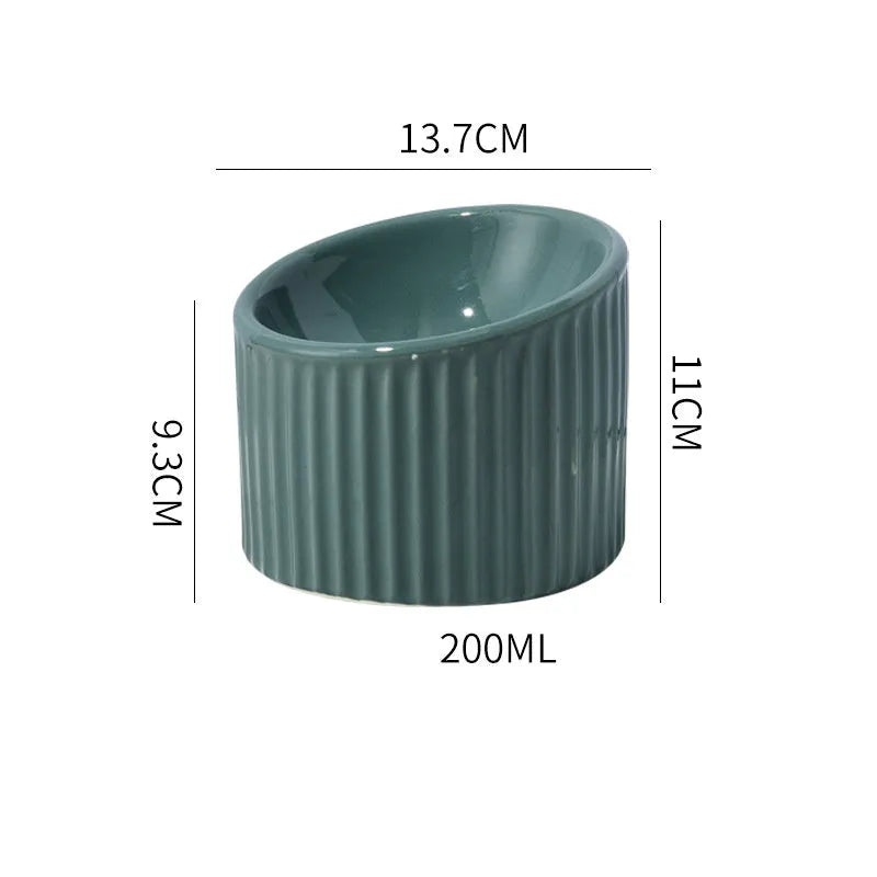Elevated ceramic cat bowl in green colour with tilted design for whisker-friendly feeding